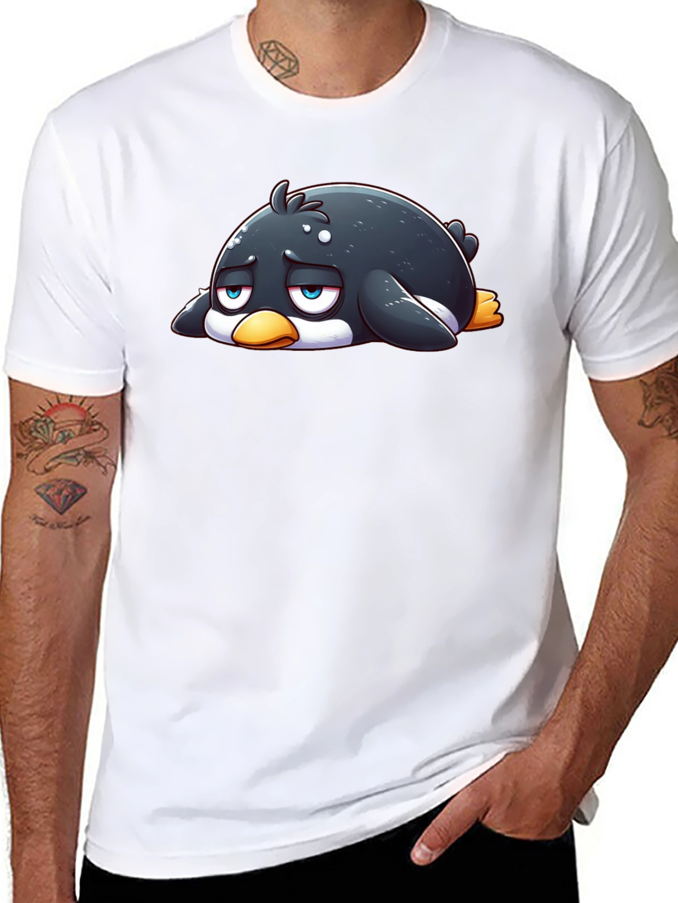 Sad Penguin Graphic Tee - Black Cotton Blend