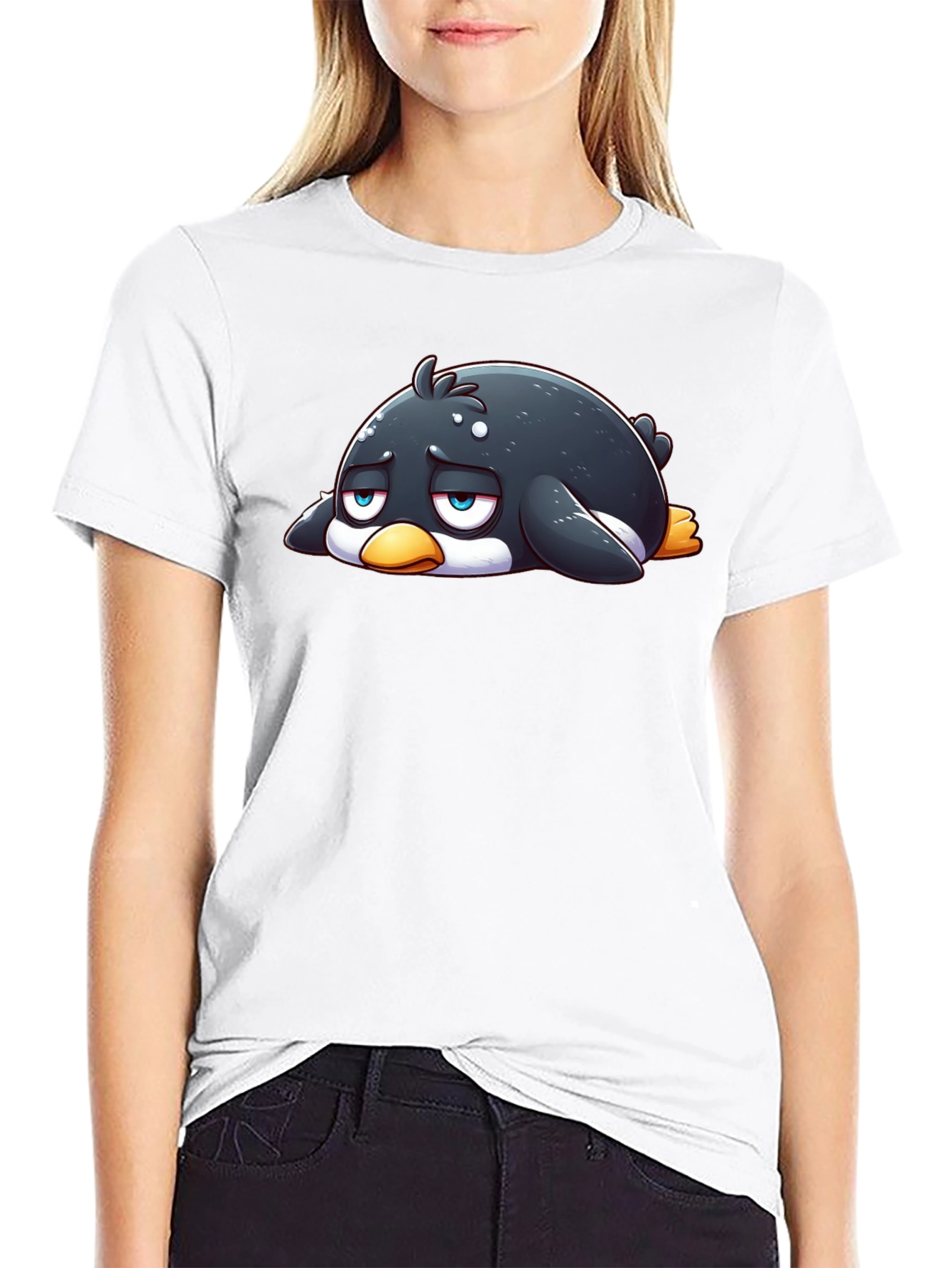 Sad Penguin Graphic Tee - Black Cotton Blend