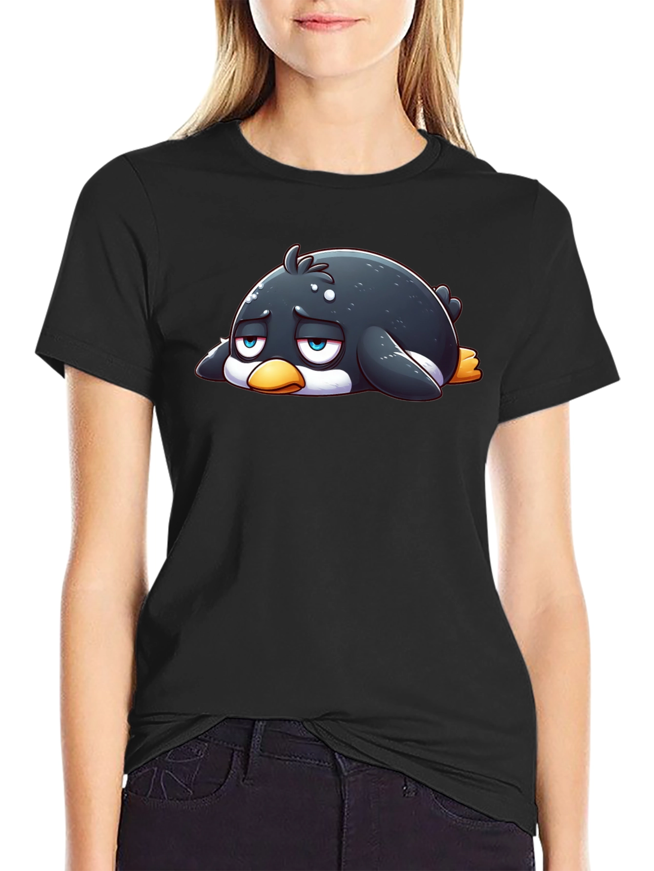 Sad Penguin Graphic Tee - Black Cotton Blend