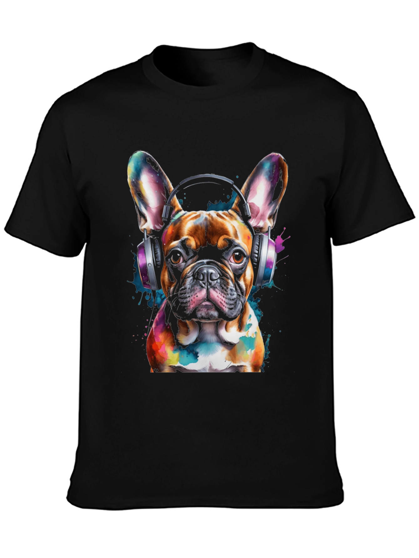 Dog with Headphones Graphic Tee - Black Cotton