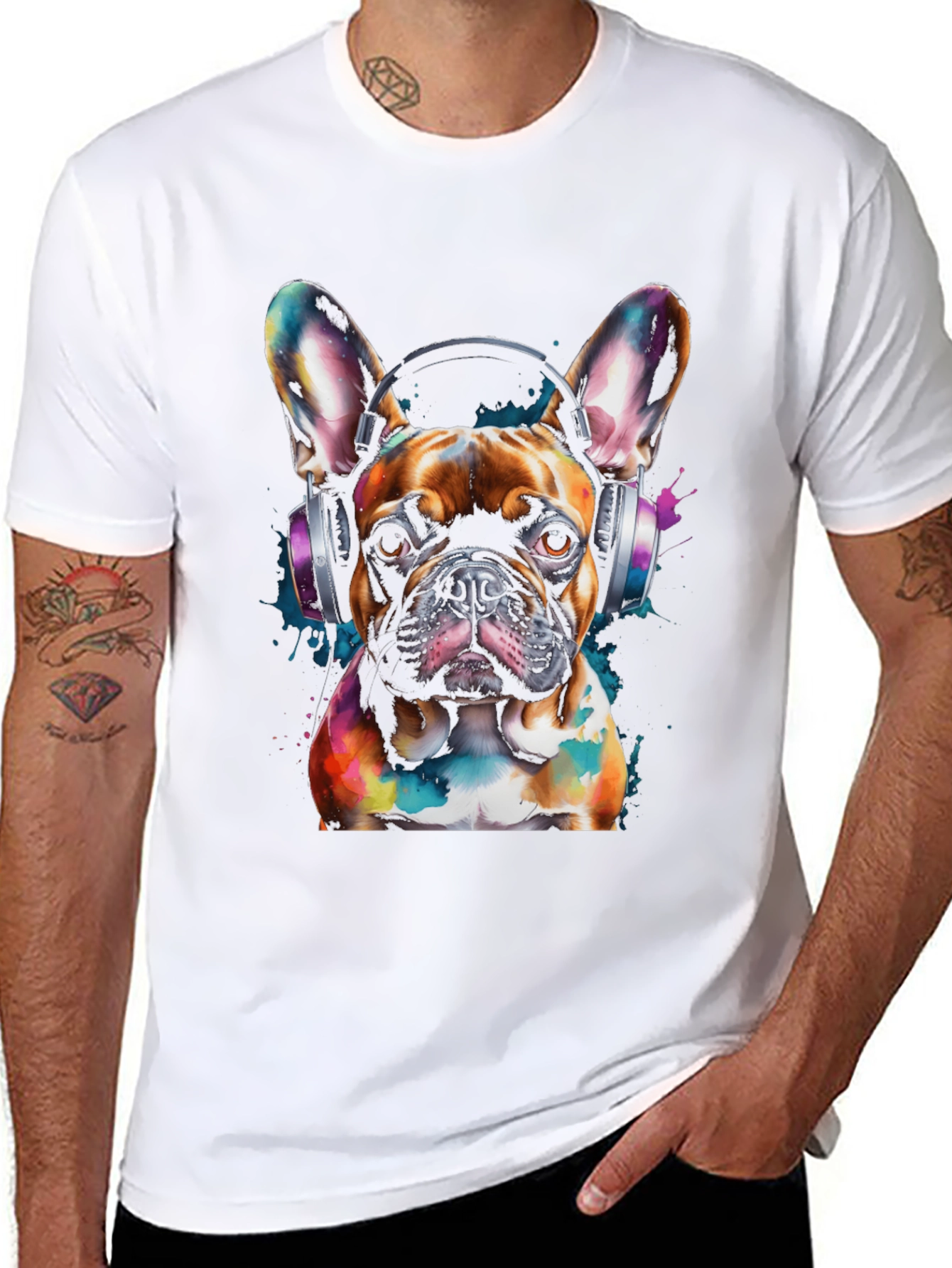 Dog with Headphones Graphic Tee - Black Cotton
