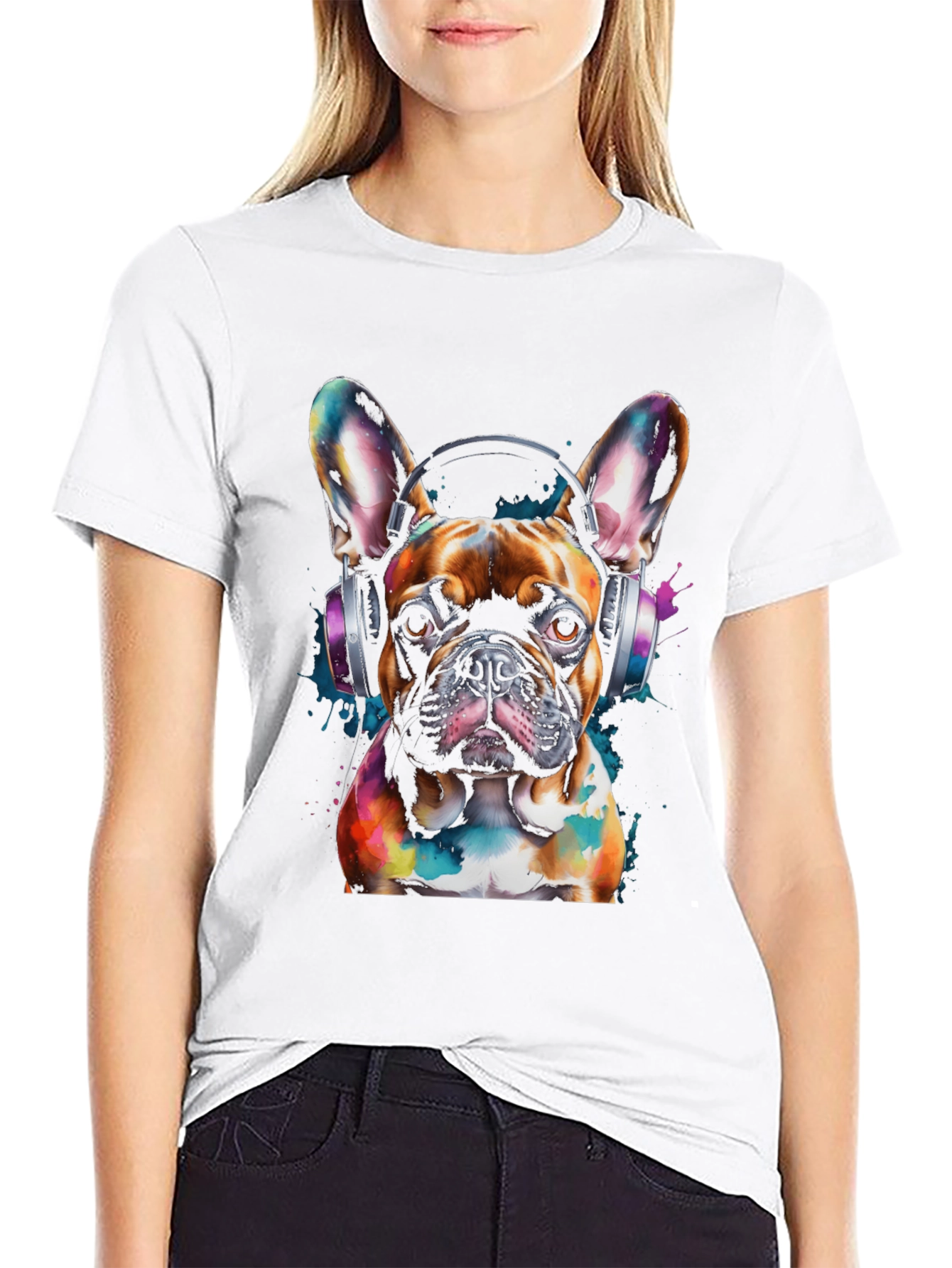 Dog with Headphones Graphic Tee - Black Cotton