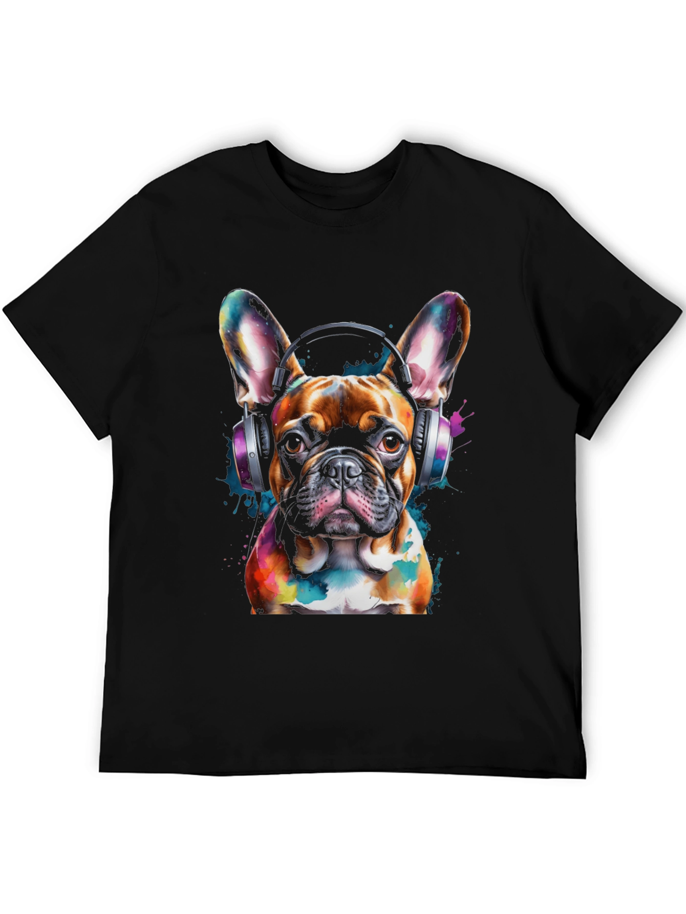 Dog with Headphones Graphic Tee - Black Cotton