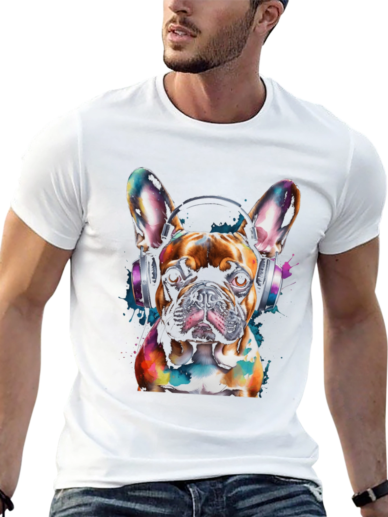 Dog with Headphones Graphic Tee - Black Cotton