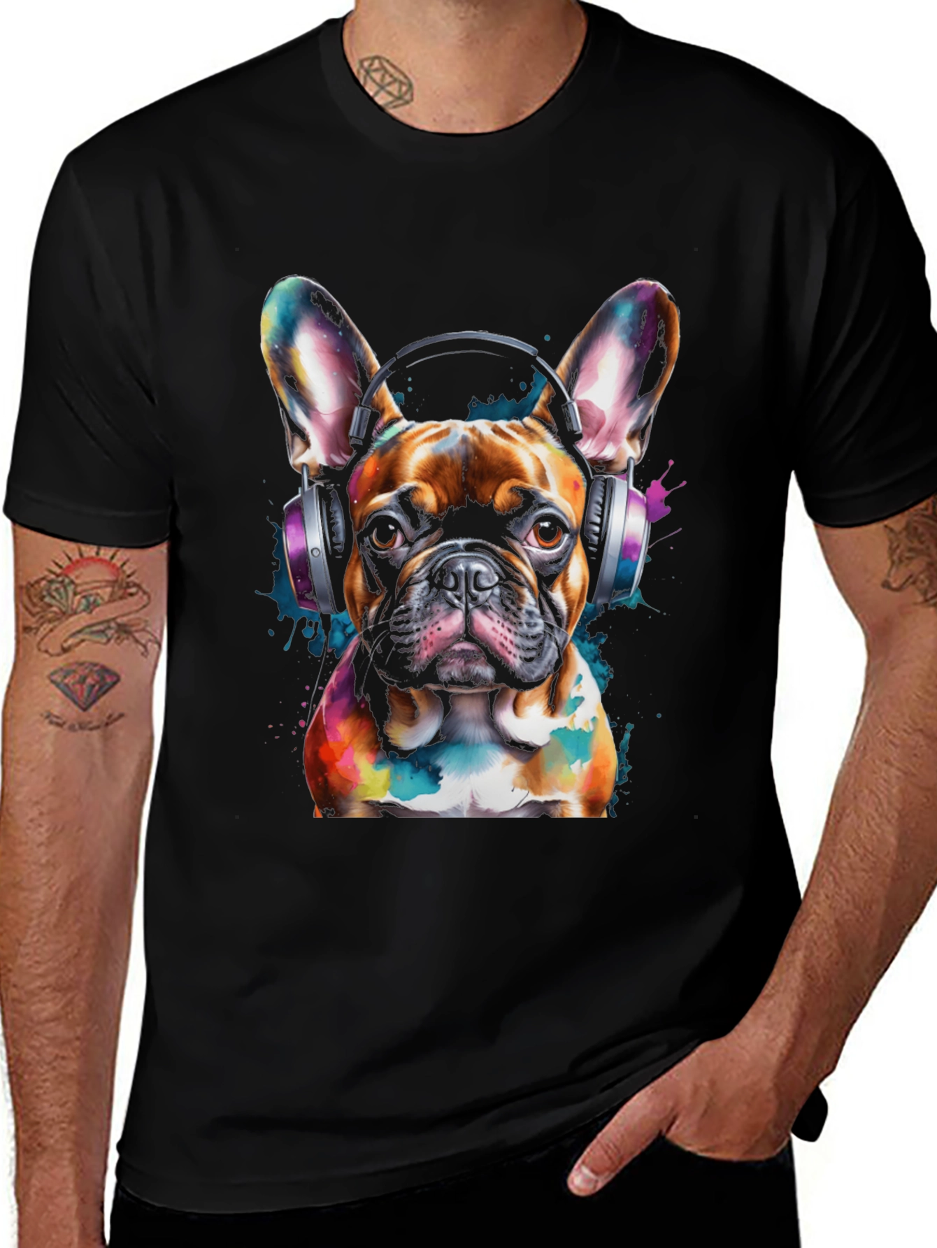 Dog with Headphones Graphic Tee - Black Cotton