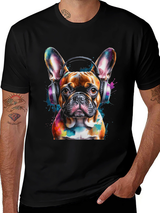 Dog with Headphones Graphic Tee - Black Cotton