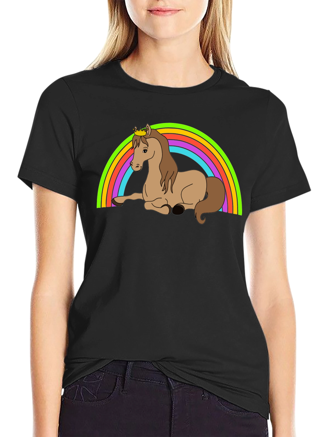 Rainbow Horse T-Shirt - Crowned Cartoon Pony Tee