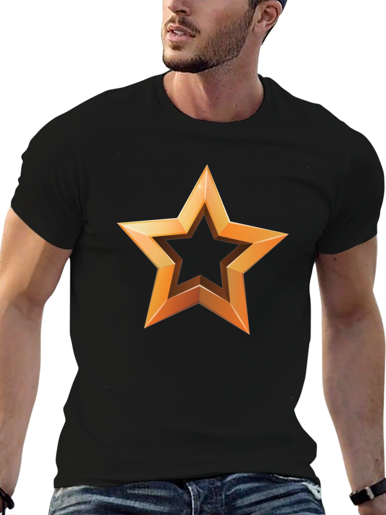 Golden Star Graphic Print Black T-Shirt