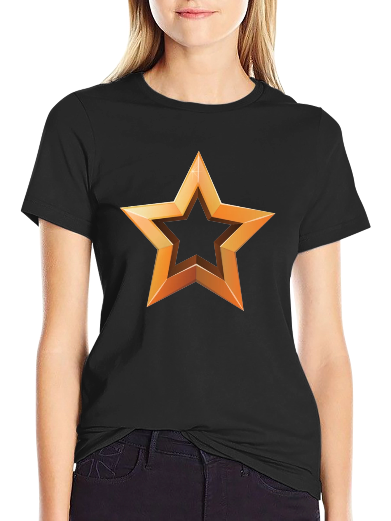Golden Star Graphic Print Black T-Shirt
