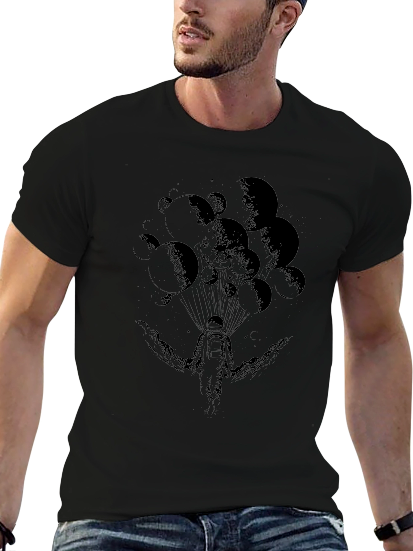 Astronaut Moon Graphic Tee - Black Cotton T-Shirt