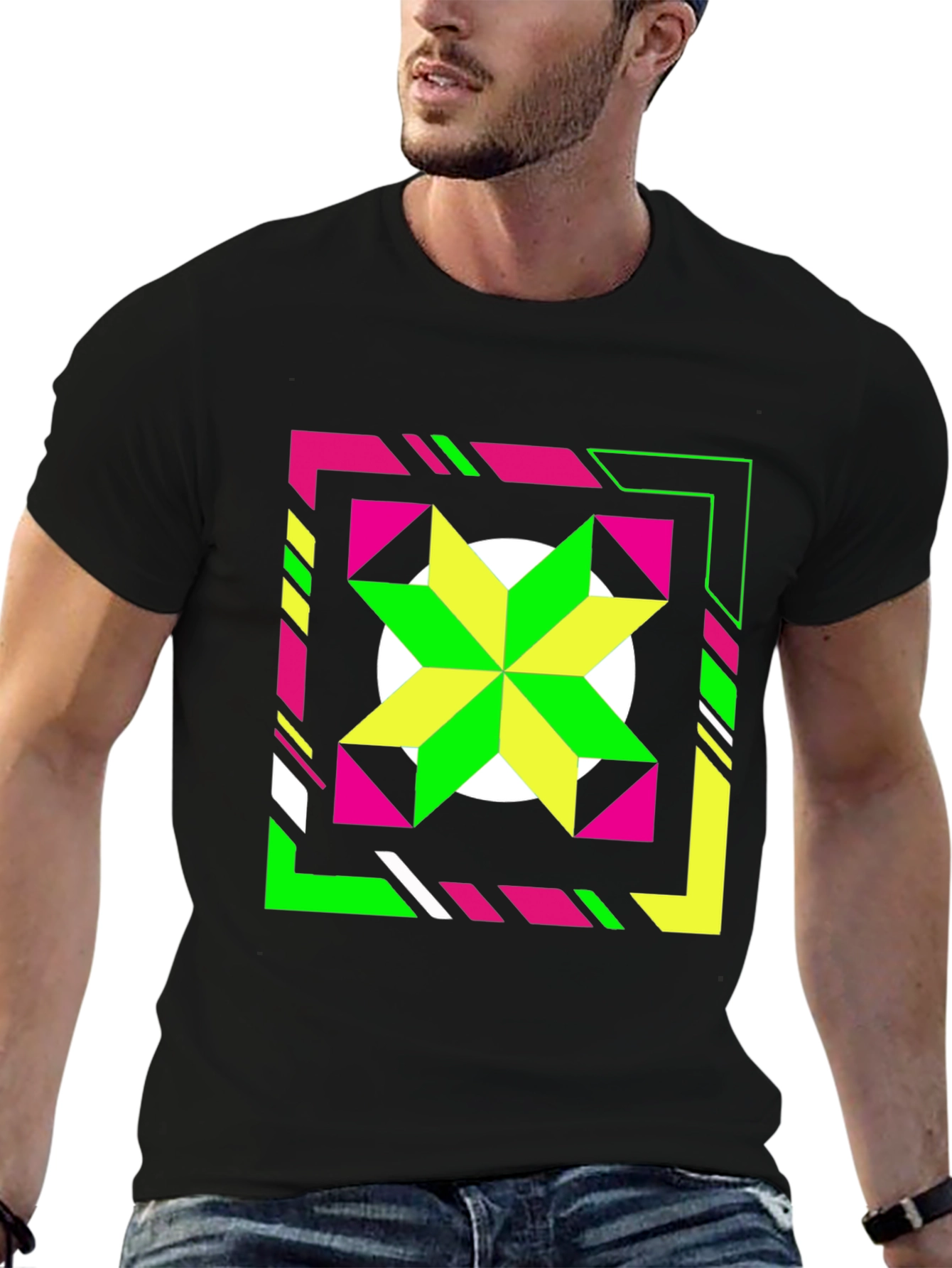 Geometric Starburst Graphic Tee - Black