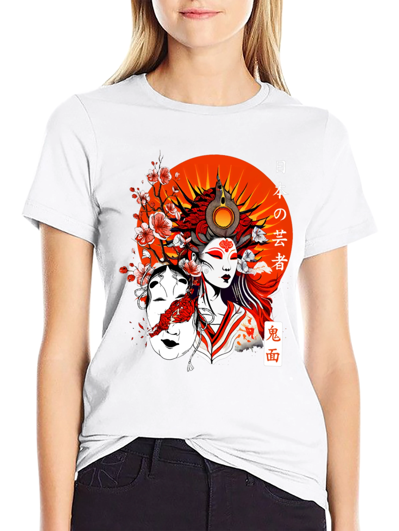 Japanese Geisha Graphic T-Shirt - Oni Mask Design