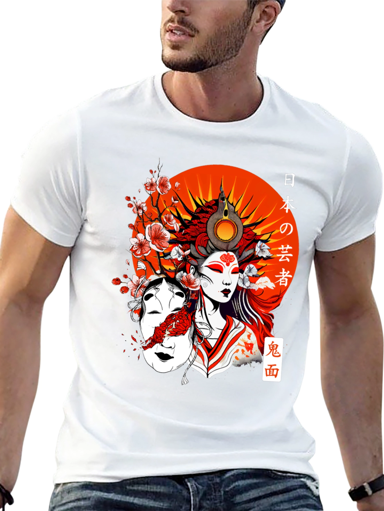 Japanese Geisha Graphic T-Shirt - Oni Mask Design