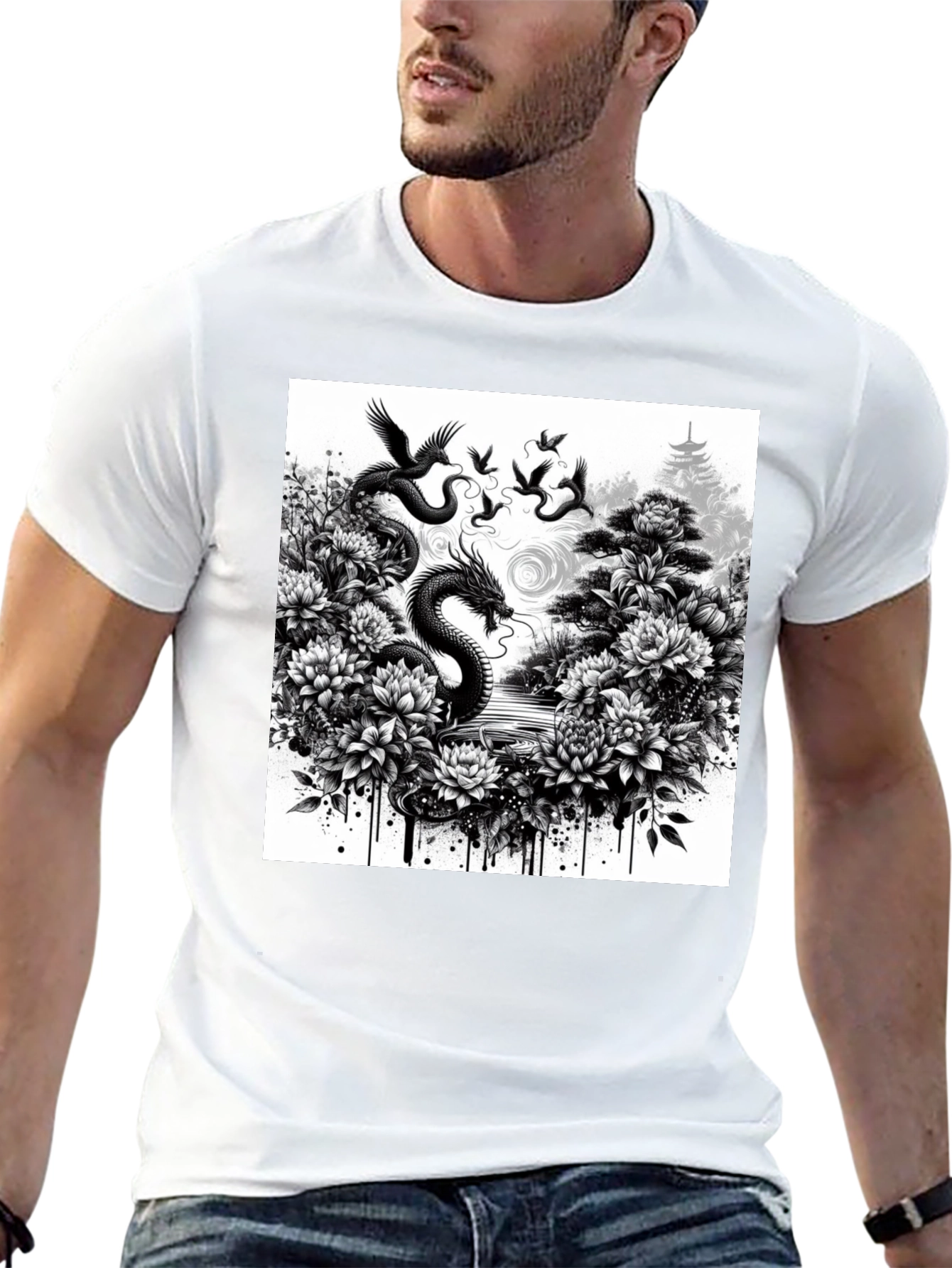 Dragon & Floral Graphic Tee - Black