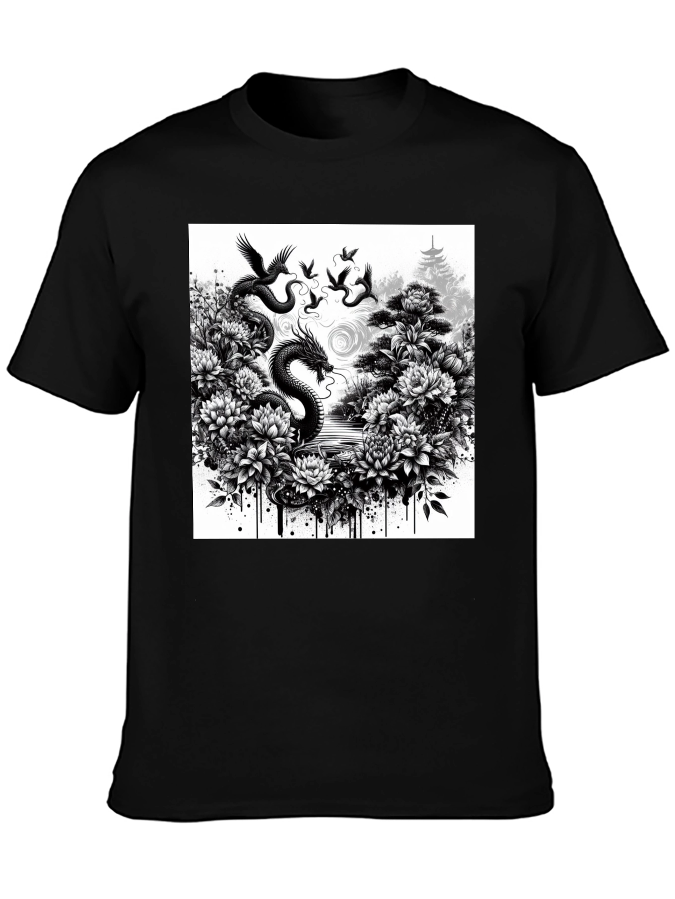Dragon & Floral Graphic Tee - Black