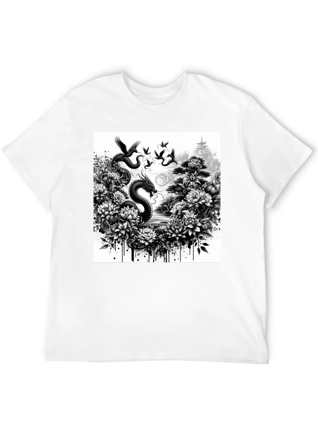 Dragon & Floral Graphic Tee - Black