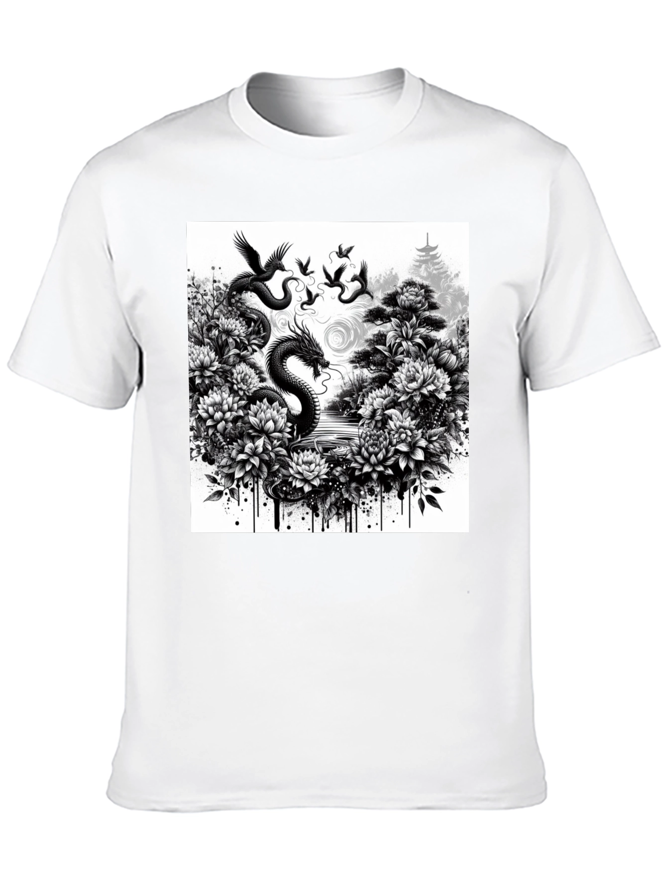 Dragon & Floral Graphic Tee - Black