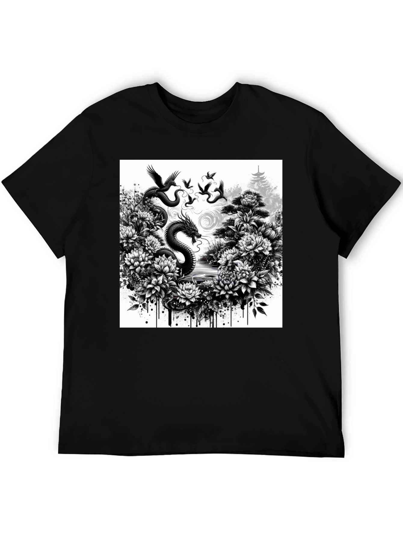 Dragon & Floral Graphic Tee - Black