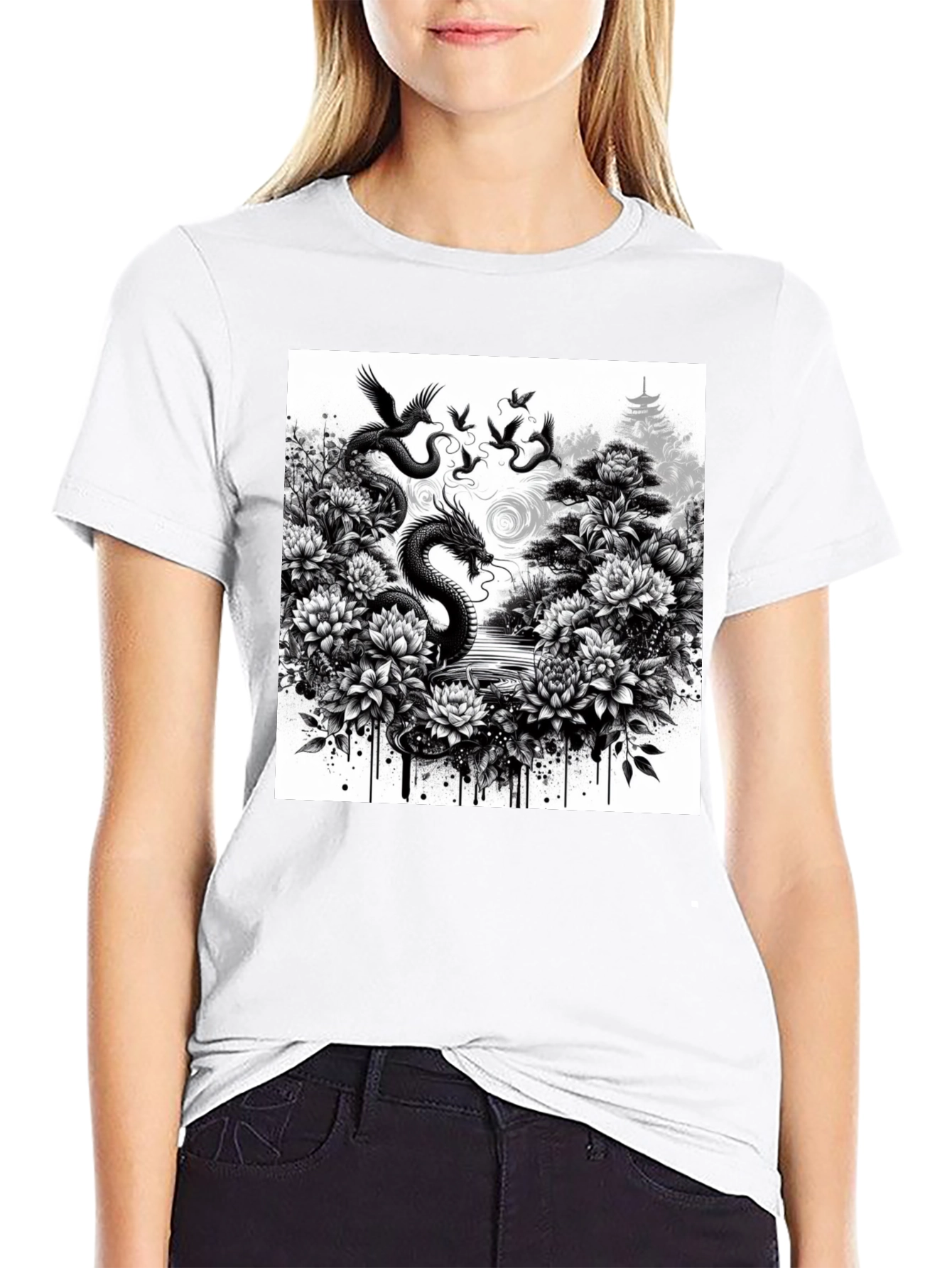 Dragon & Floral Graphic Tee - Black