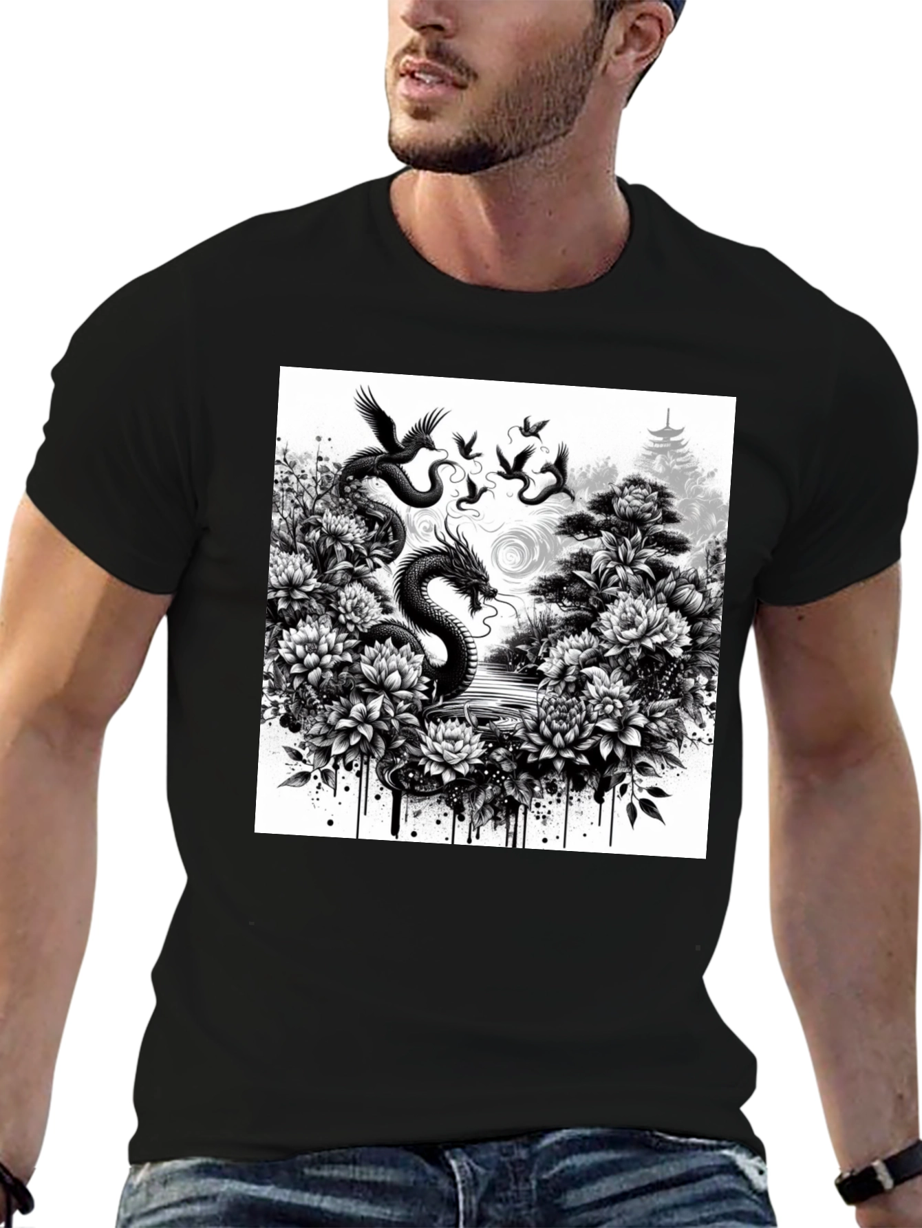 Dragon & Floral Graphic Tee - Black