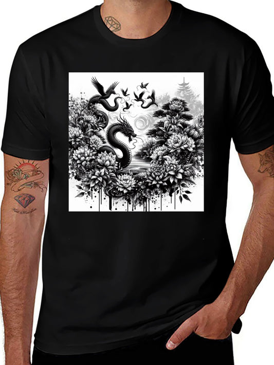Dragon & Floral Graphic Tee - Black