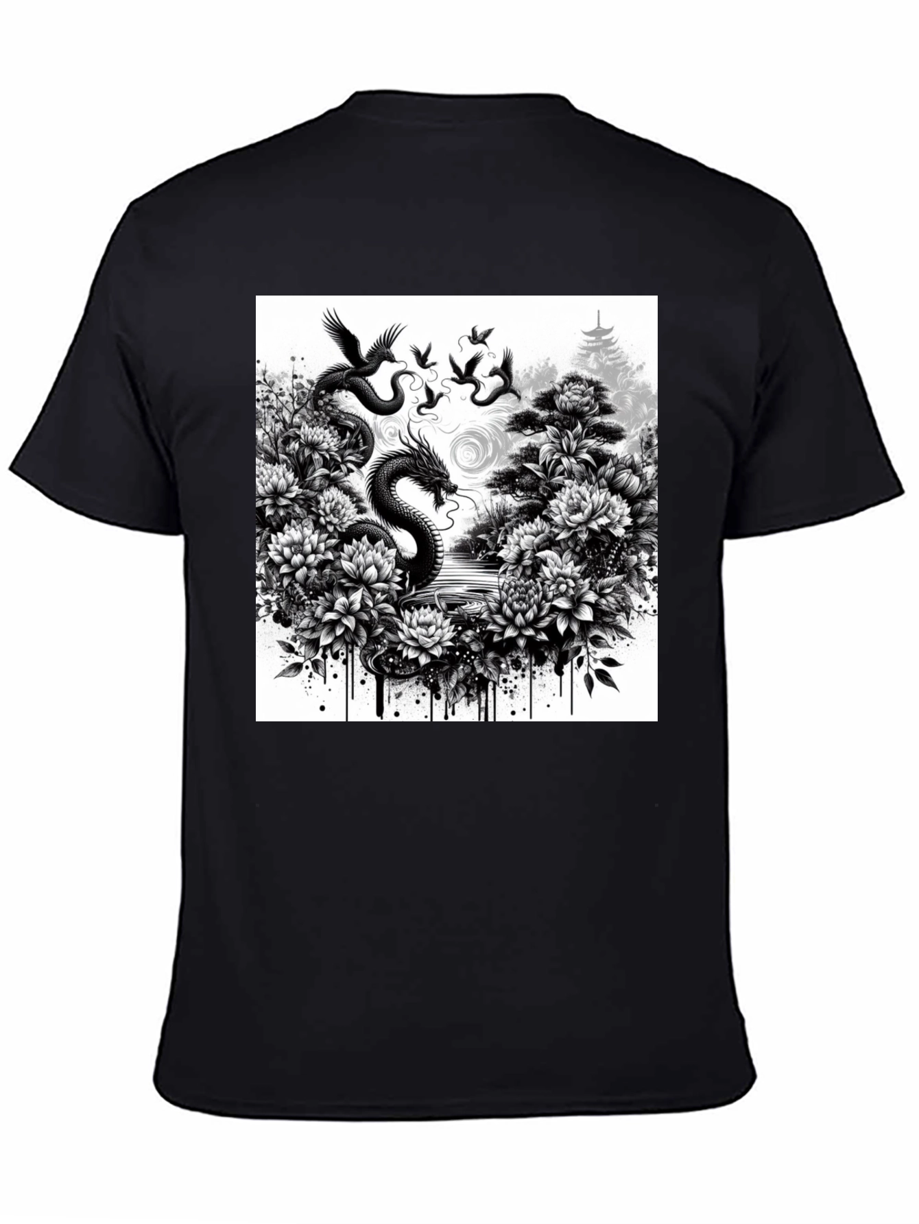 Dragon & Floral Graphic Tee - Black