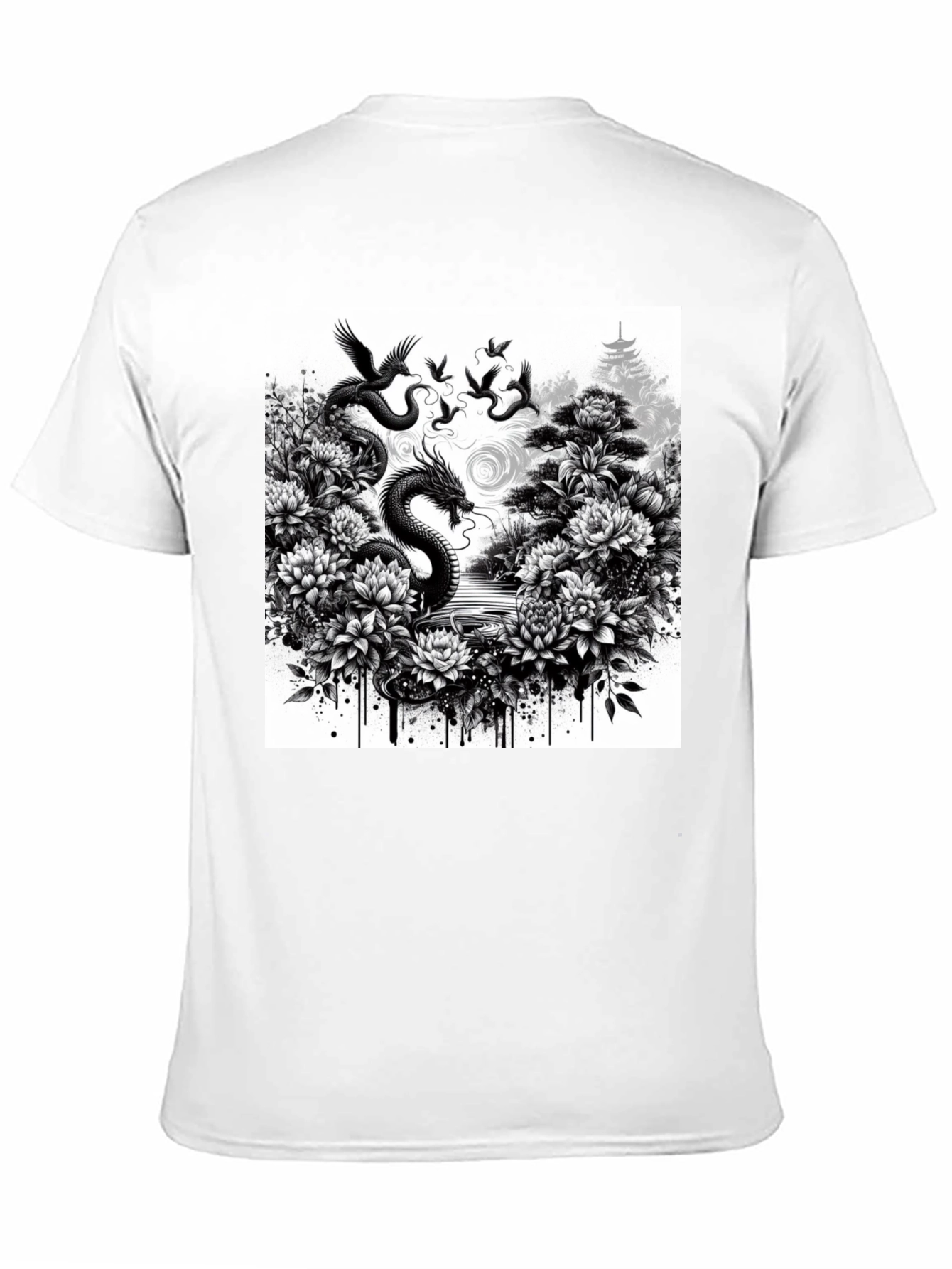 Dragon & Floral Graphic Tee - Black