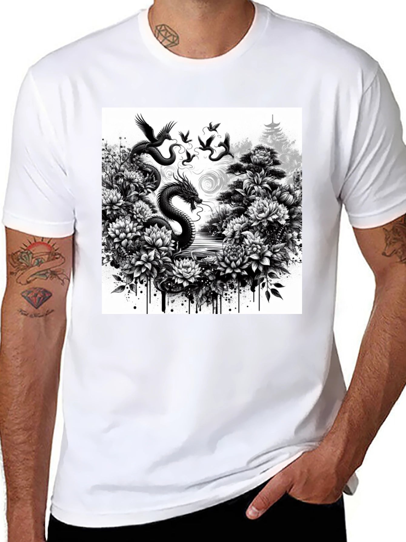 Dragon & Floral Graphic Tee - Black