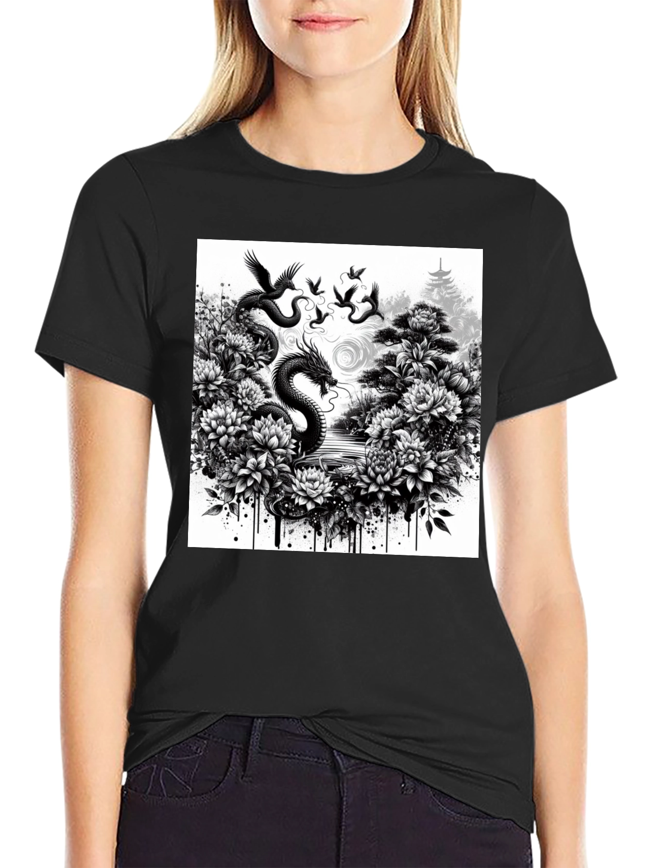 Dragon & Floral Graphic Tee - Black