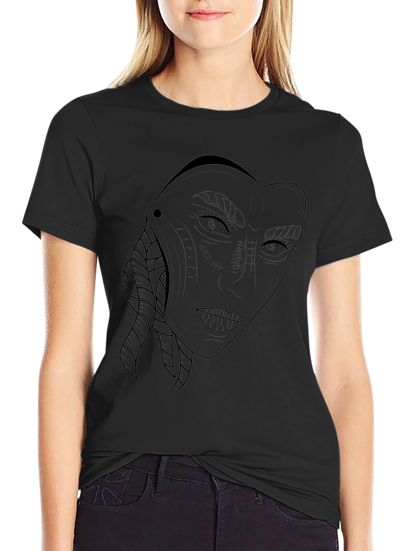 Abstract Face Line Art Black T-Shirt
