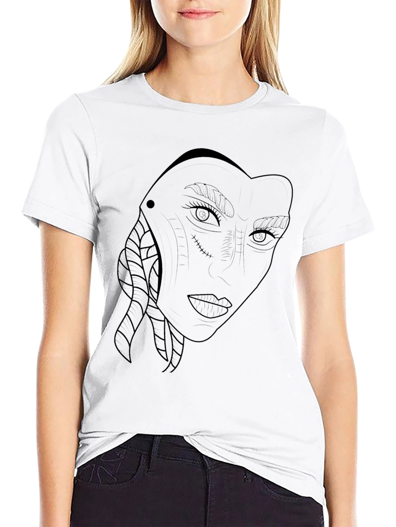 Abstract Face Line Art Black T-Shirt