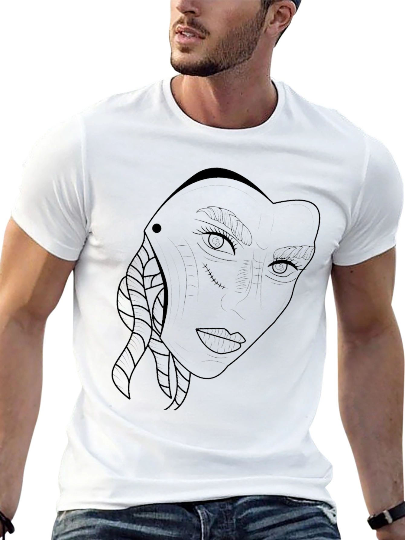 Abstract Face Line Art Black T-Shirt