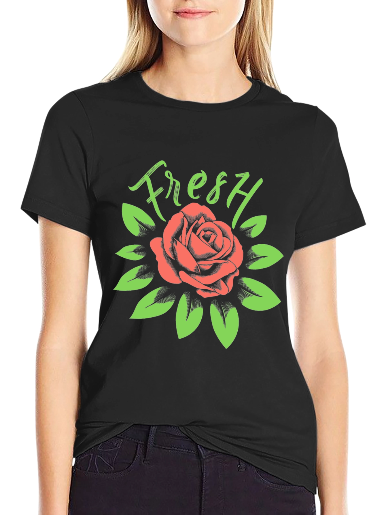 Fresh Rose Graphic Tee - Stylish Black T-Shirt
