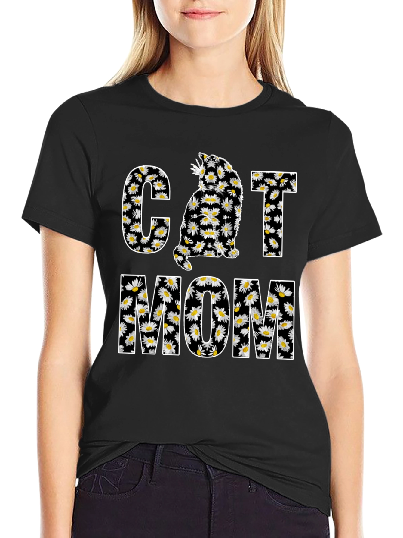 Cat Mom Daisy Graphic T-Shirt - Black