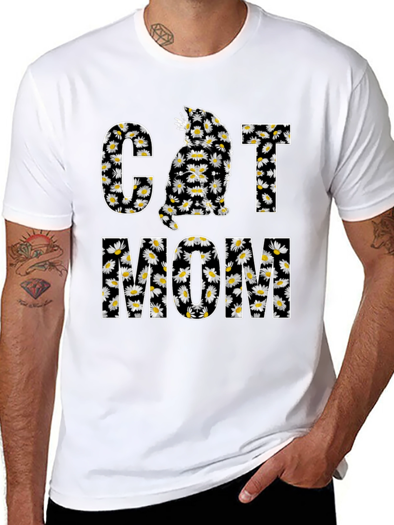 Cat Mom Daisy Graphic T-Shirt - Black