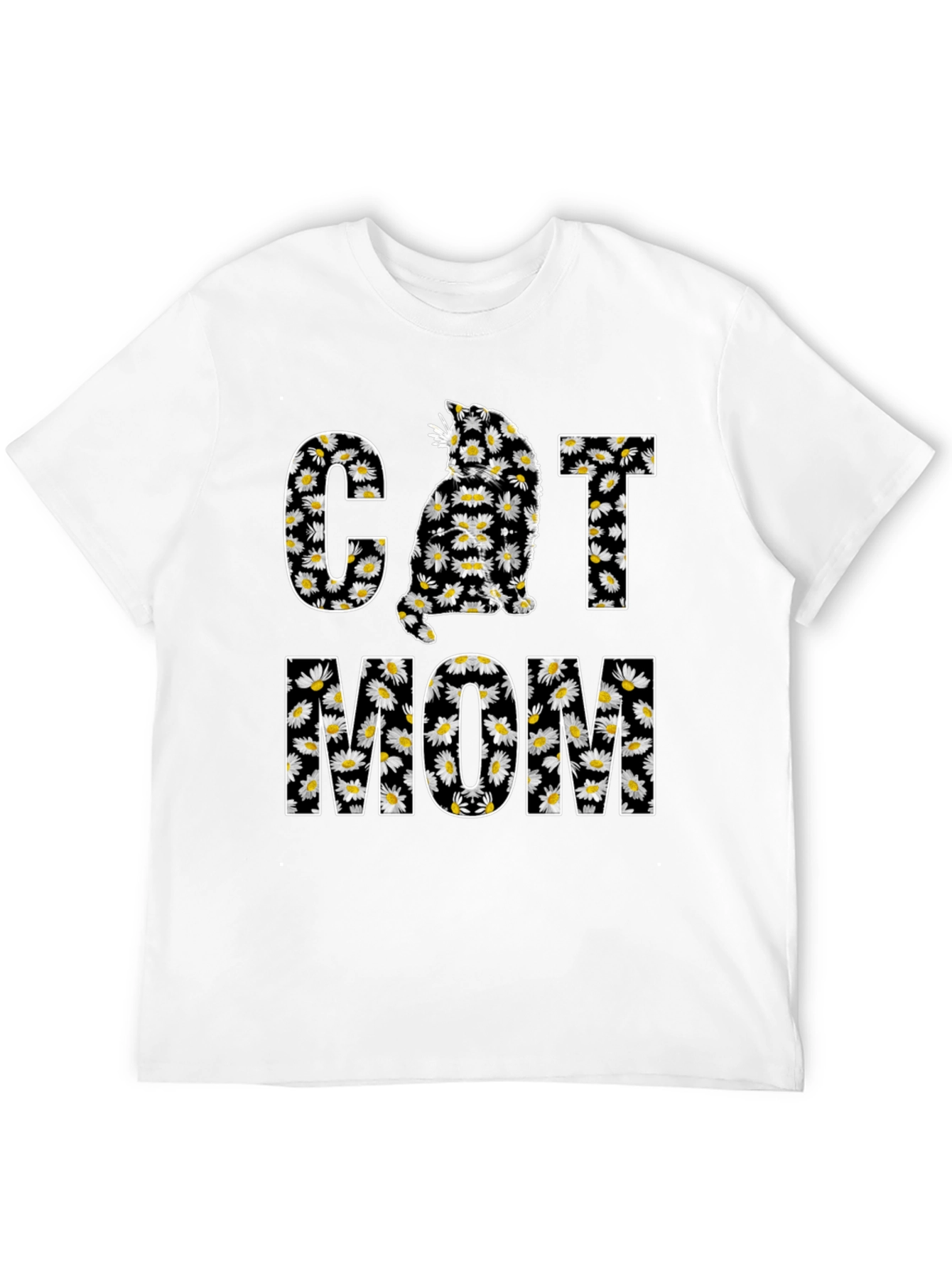 Cat Mom Daisy Graphic T-Shirt - Black
