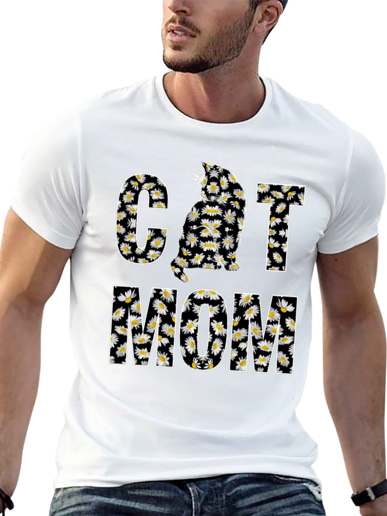 Cat Mom Daisy Graphic T-Shirt - Black