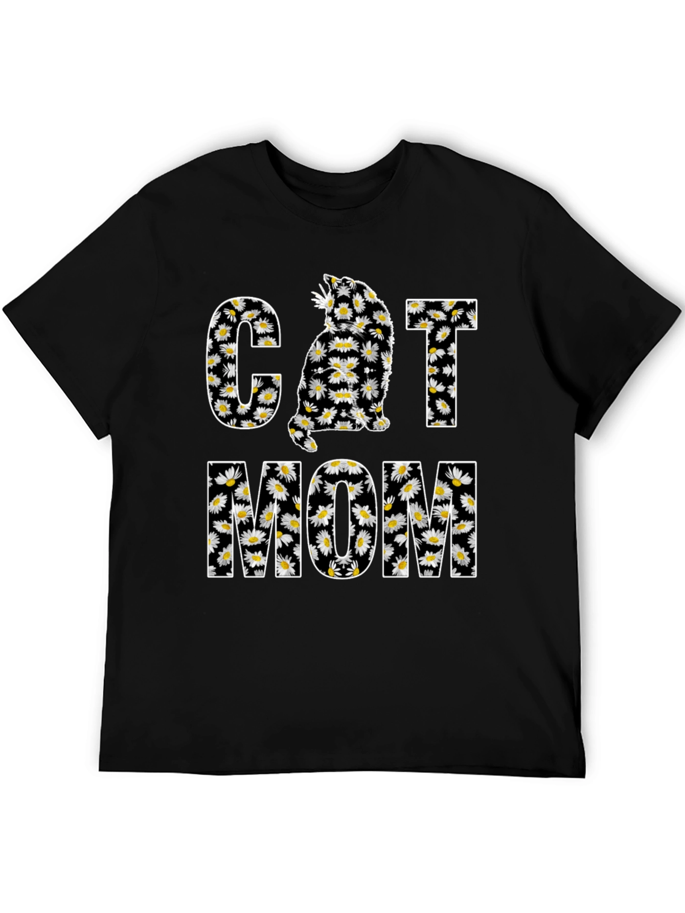 Cat Mom Daisy Graphic T-Shirt - Black