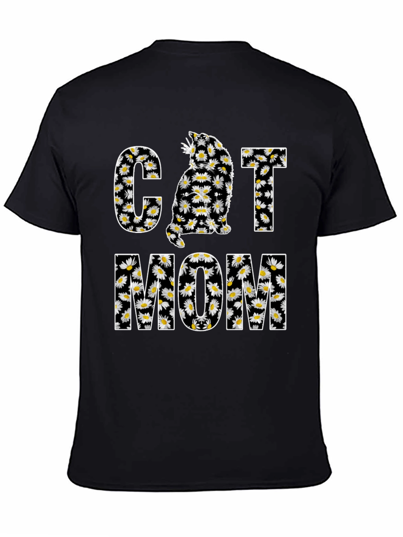Cat Mom Daisy Graphic T-Shirt - Black