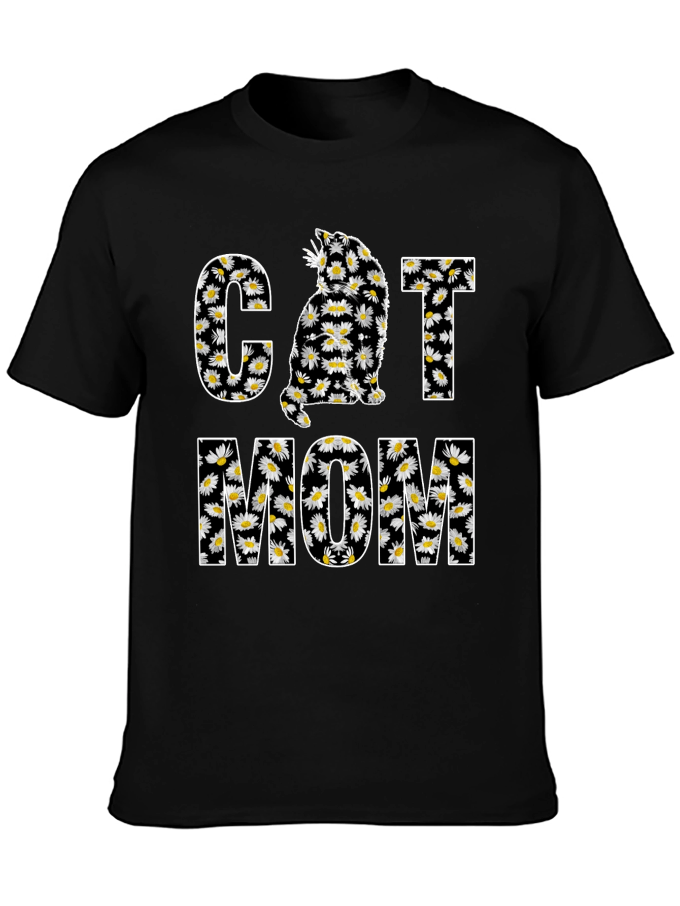 Cat Mom Daisy Graphic T-Shirt - Black
