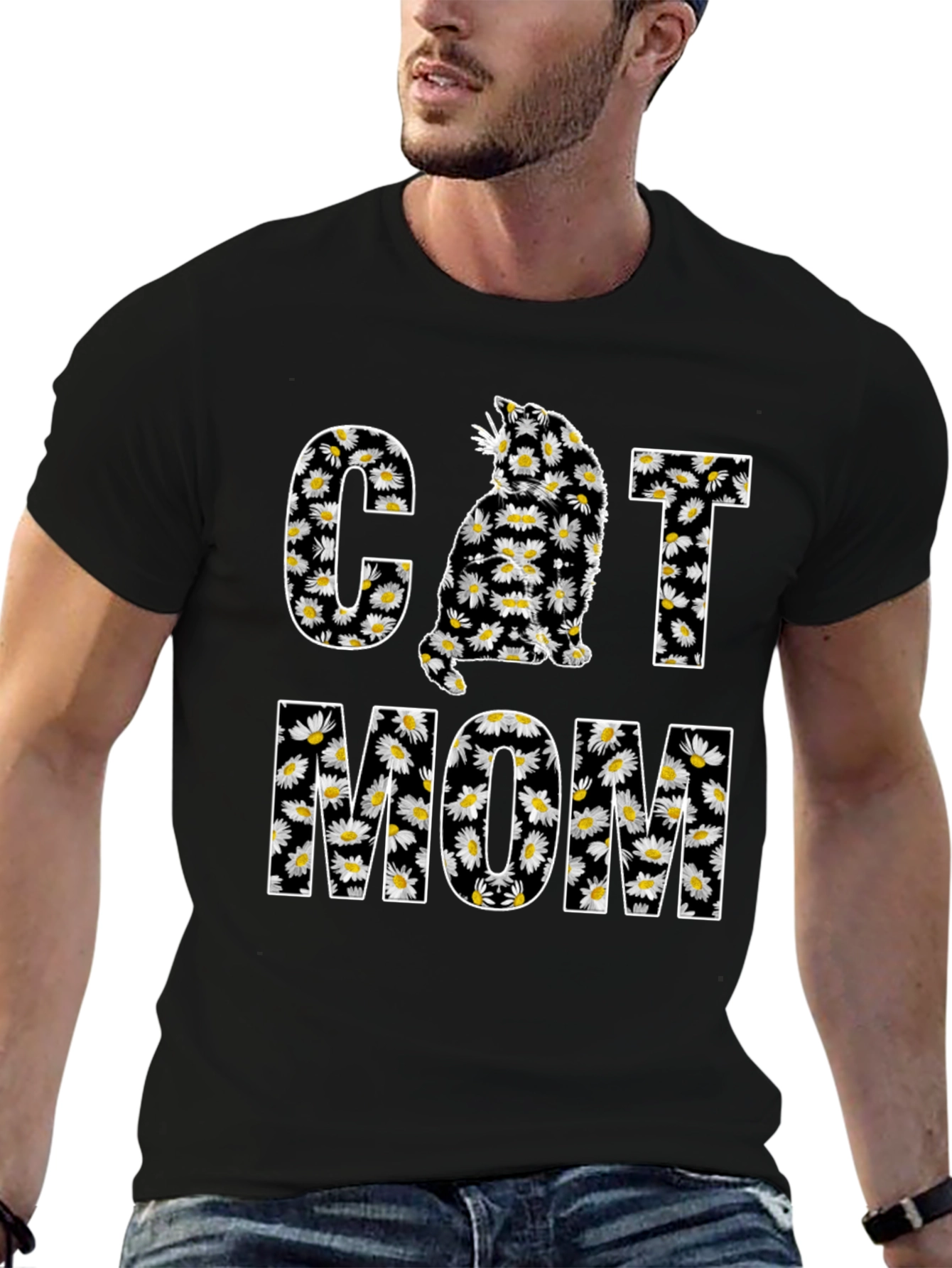 Cat Mom Daisy Graphic T-Shirt - Black