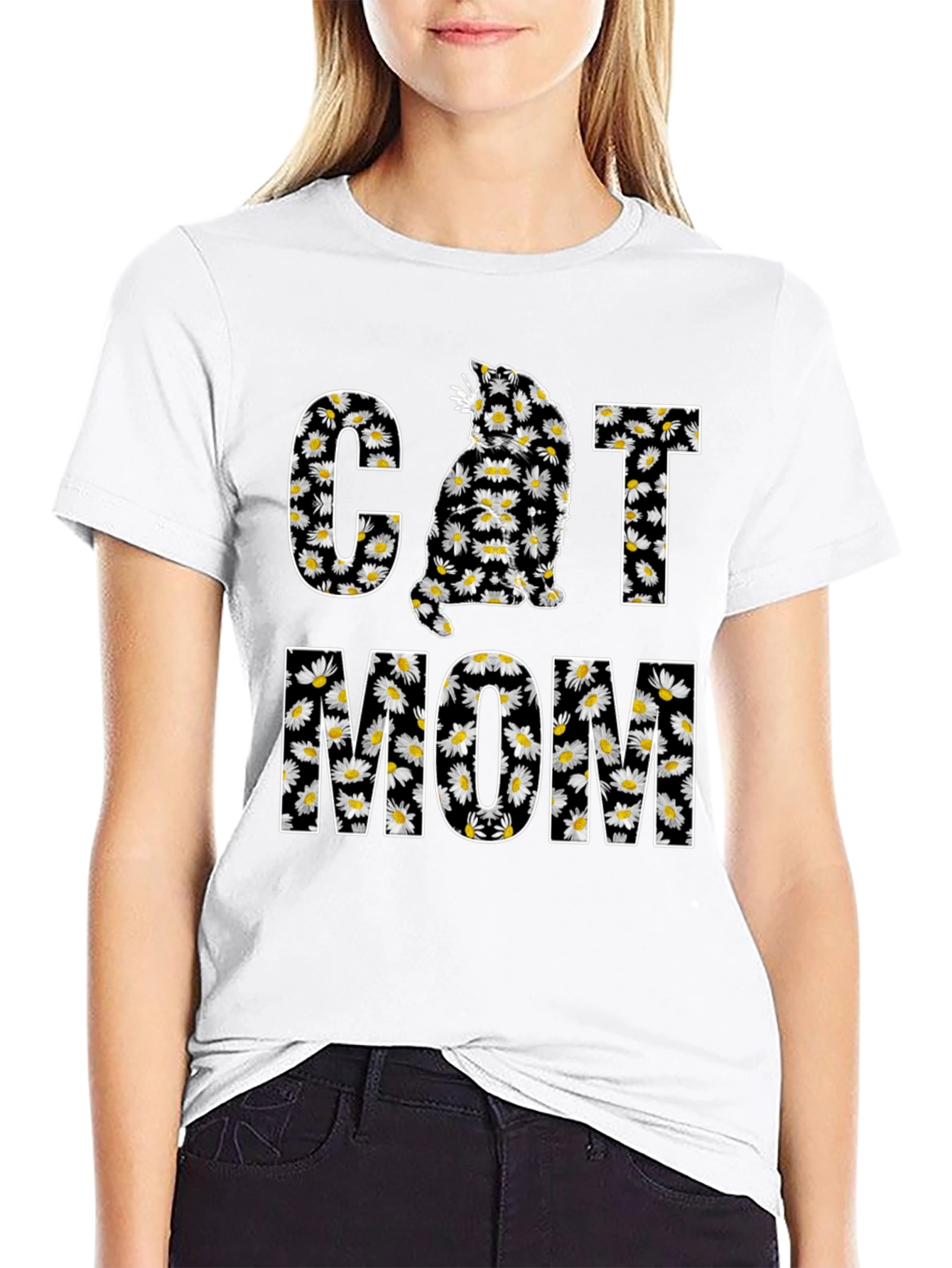 Cat Mom Daisy Graphic T-Shirt - Black