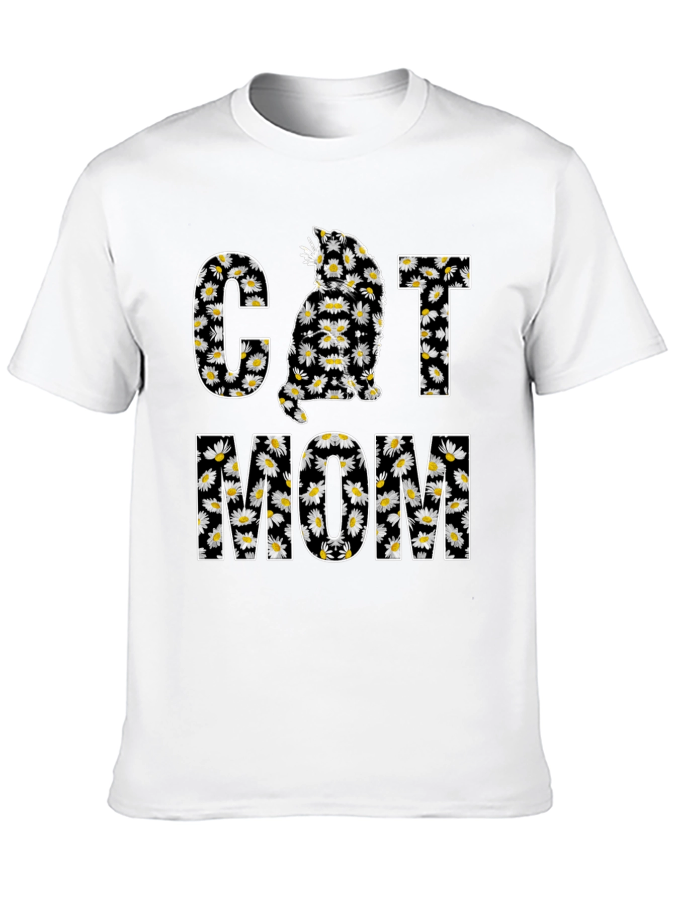 Cat Mom Daisy Graphic T-Shirt - Black