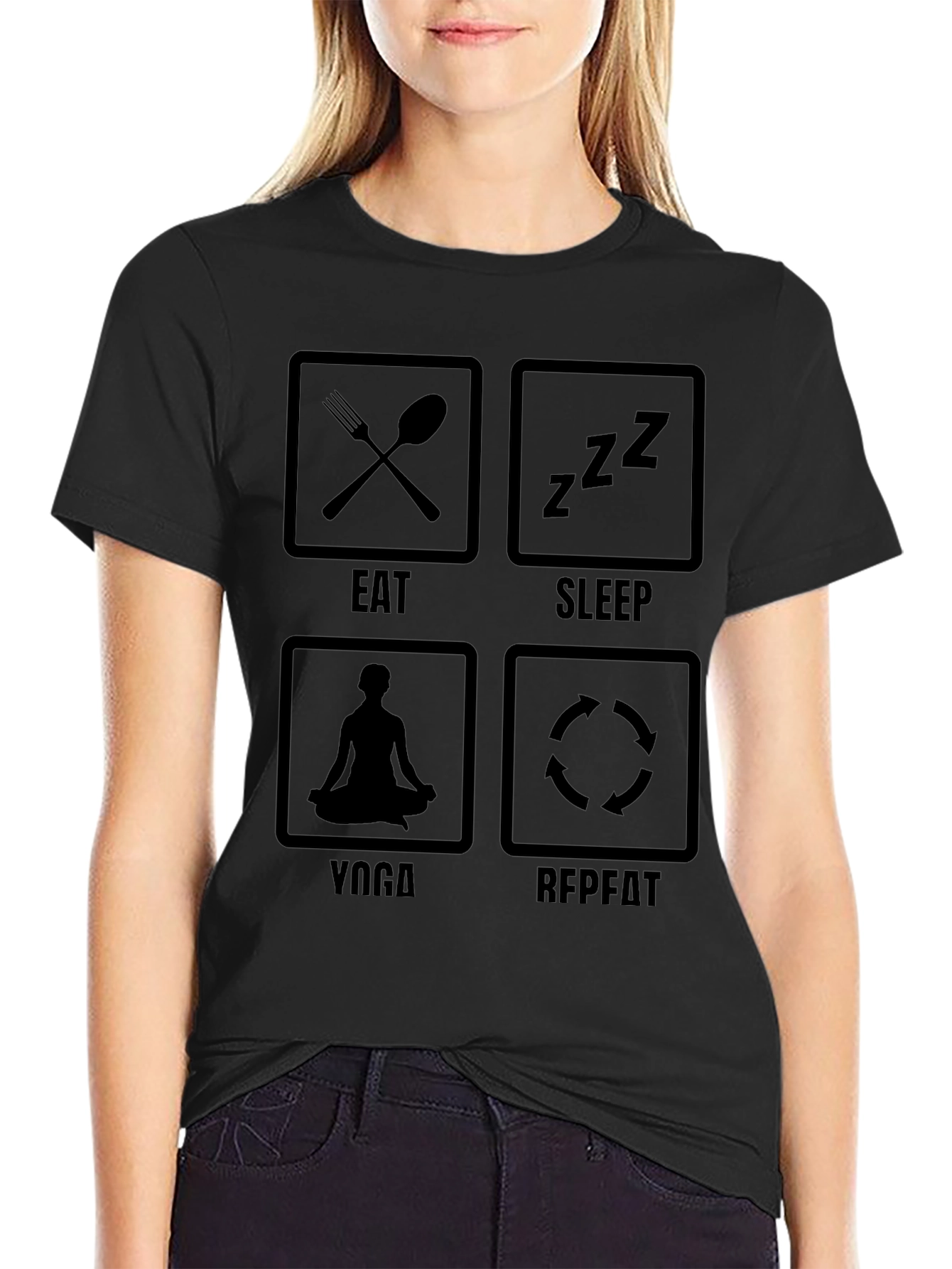 Eat Sleep Yoga Repeat Black Graphic T-Shirt