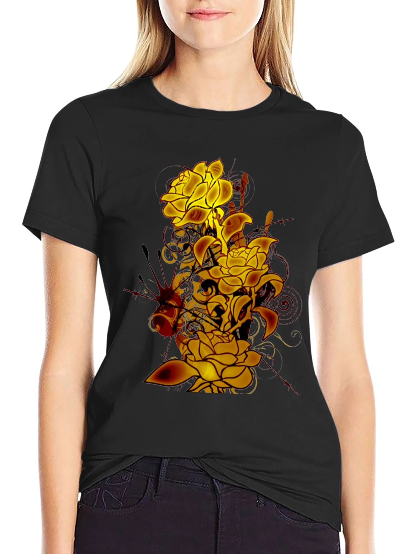 Floral Skull Graphic Black T-Shirt