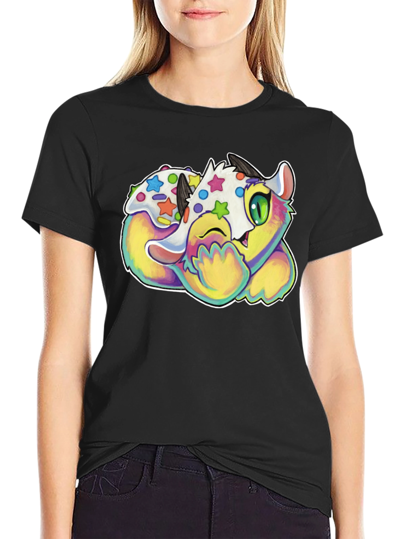 Cute Cartoon Monster Graphic Black T-Shirt