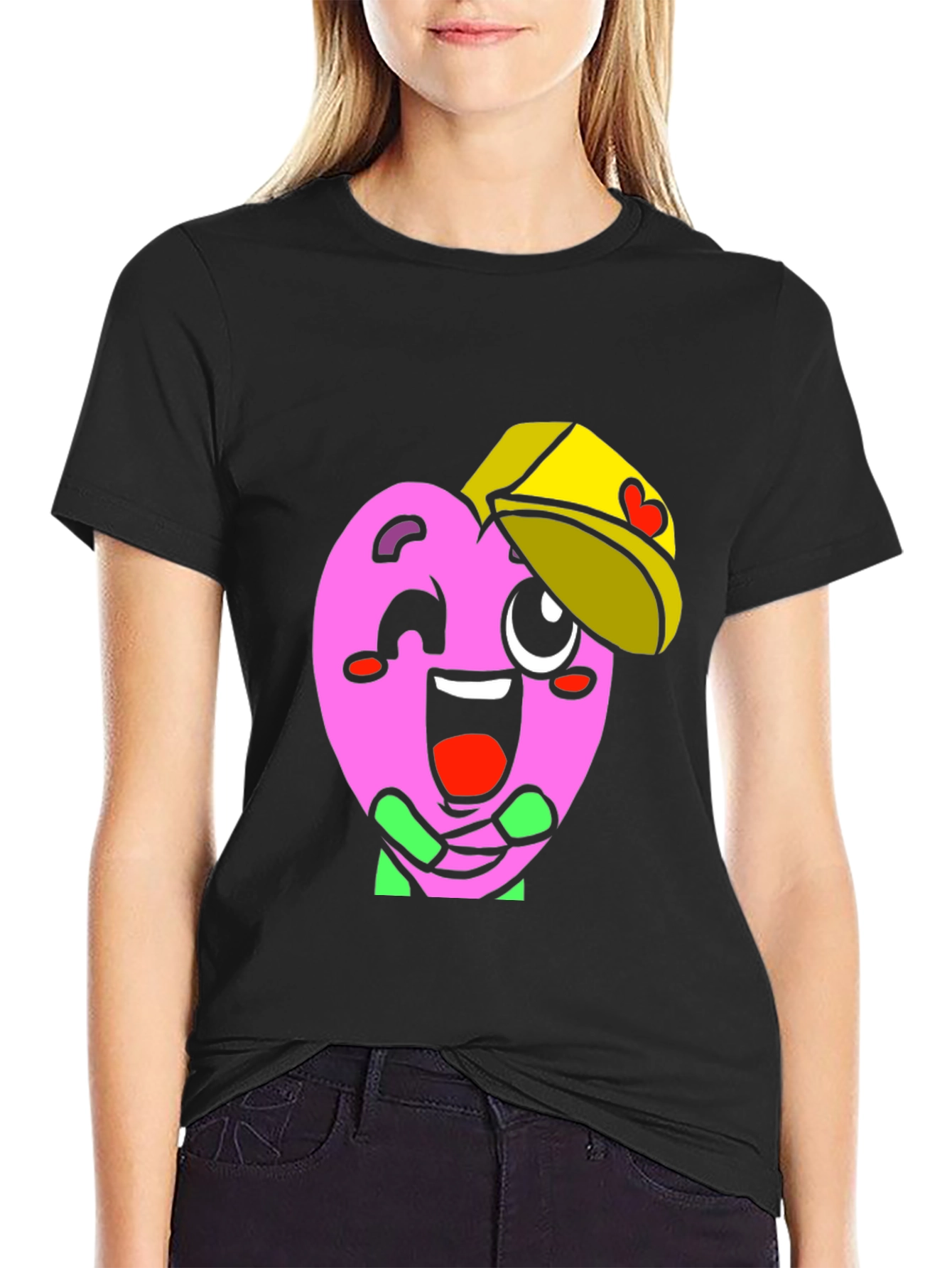 Heart Character Graphic Tee - Fun Black T-Shirt
