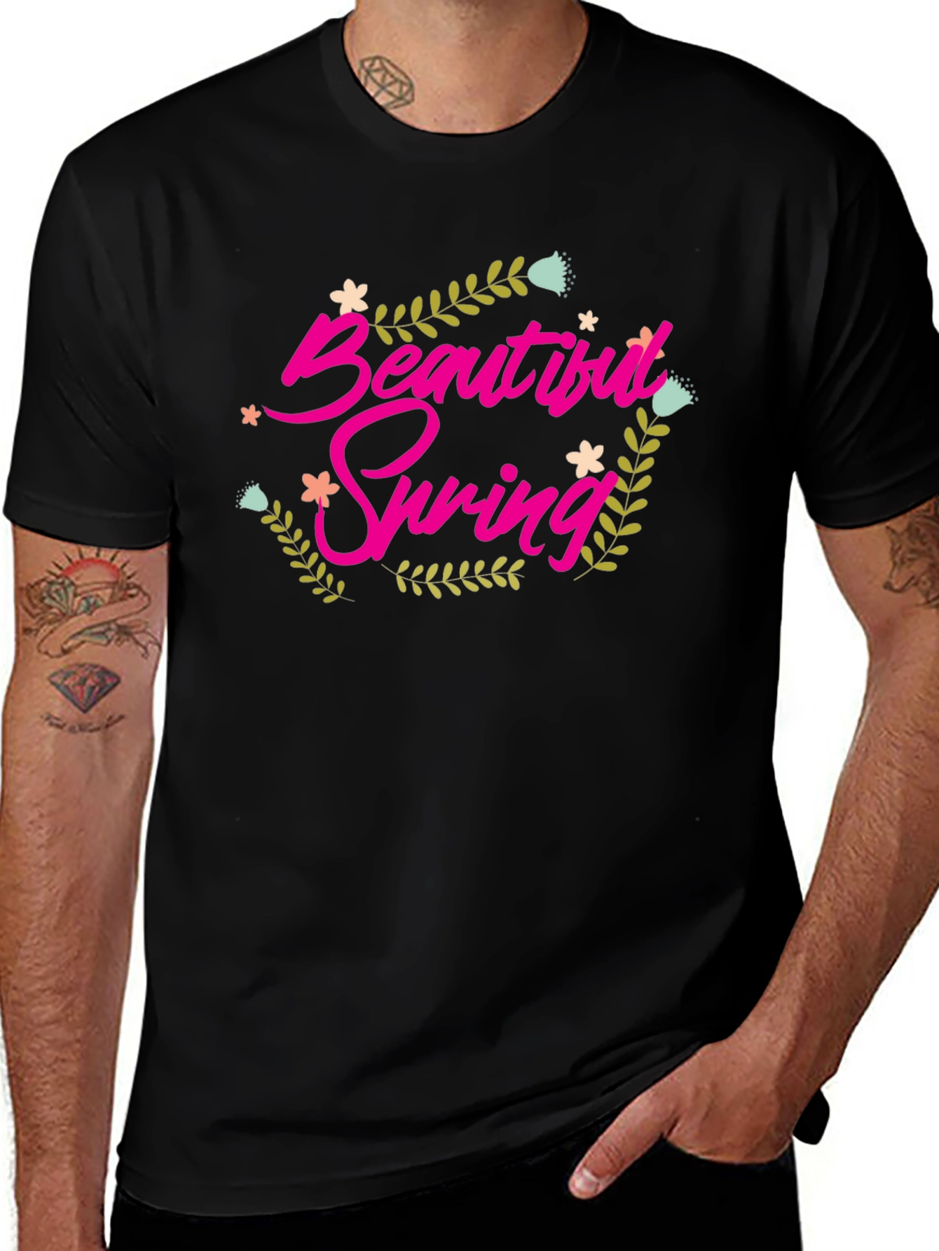 Beautiful Spring Graphic Tee - Black Cotton Shirt