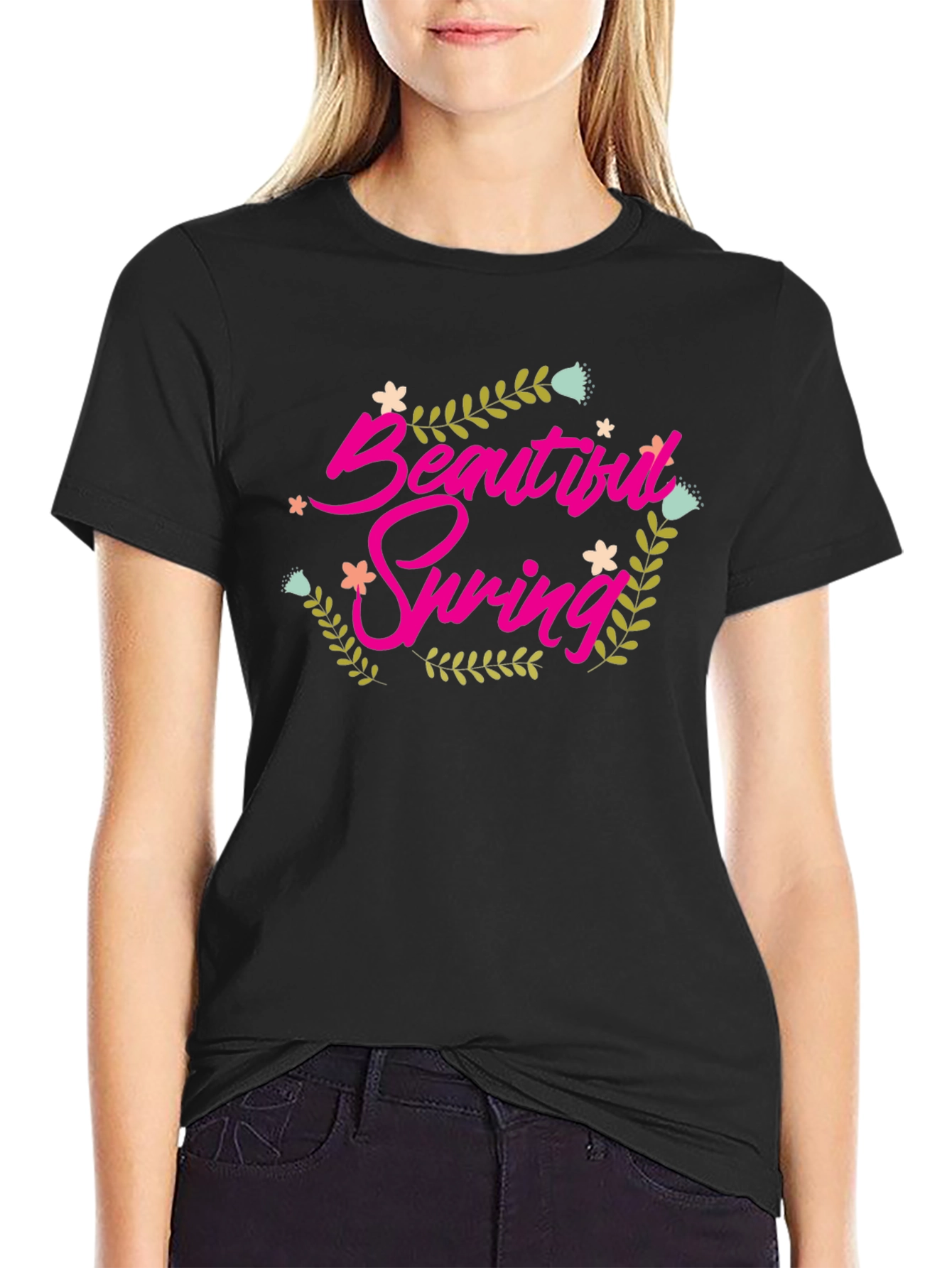 Beautiful Spring Graphic Tee - Black Cotton Shirt