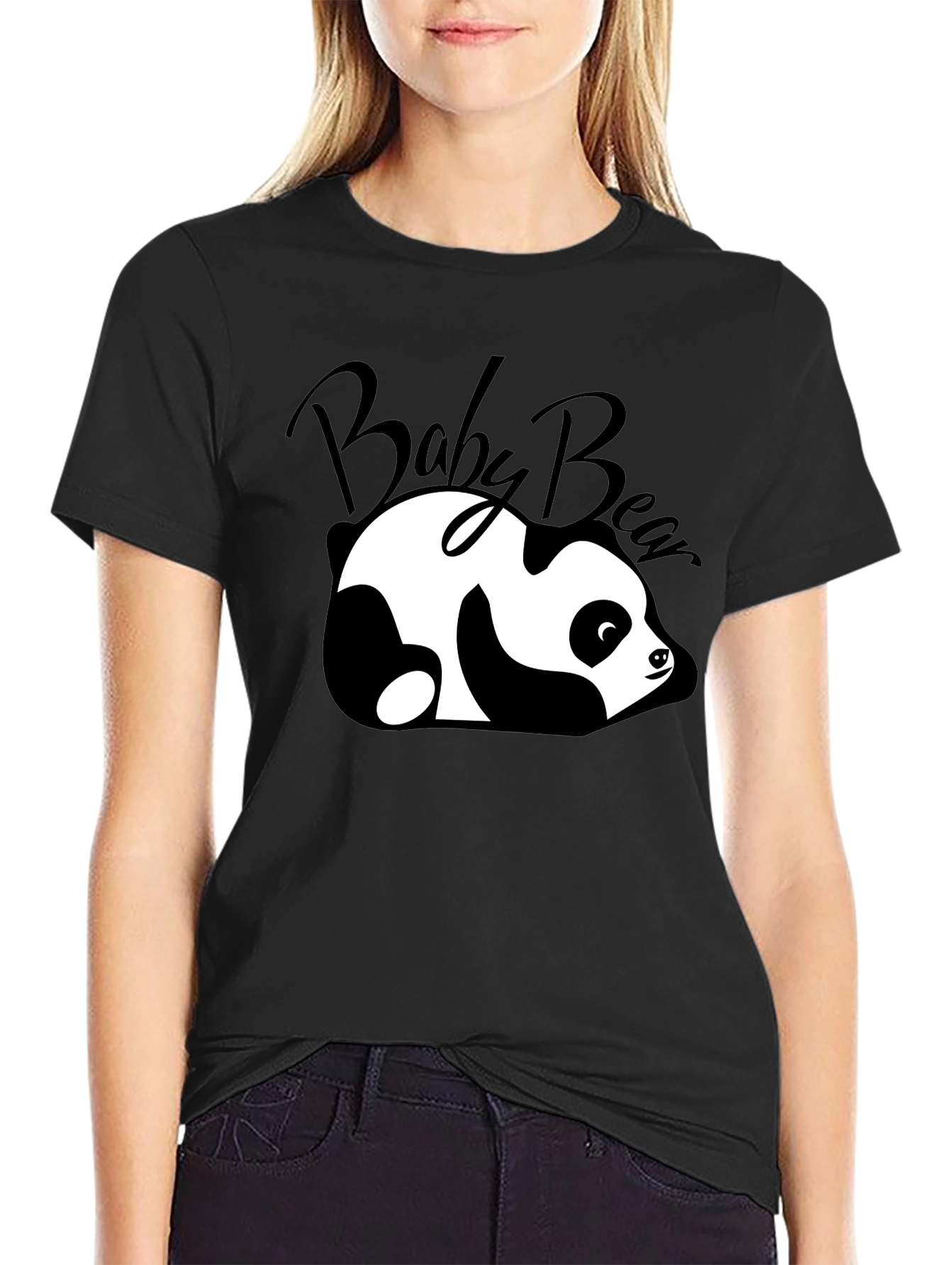 Cute Baby Bear Panda Graphic T-Shirt - Black